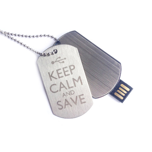 8GB Engraved Dog Tag USB Flash Drive - Keep Calm and Save